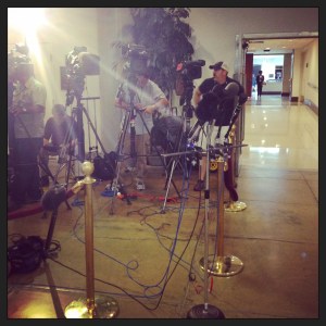 Waiting for a press conference to begin in the basement of the Capitol after a Pentagon briefing.